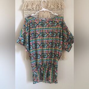 Trina Turk Multicolor Bora Bora Mosaic Print Tunic Cover Up Banded Hem Swim